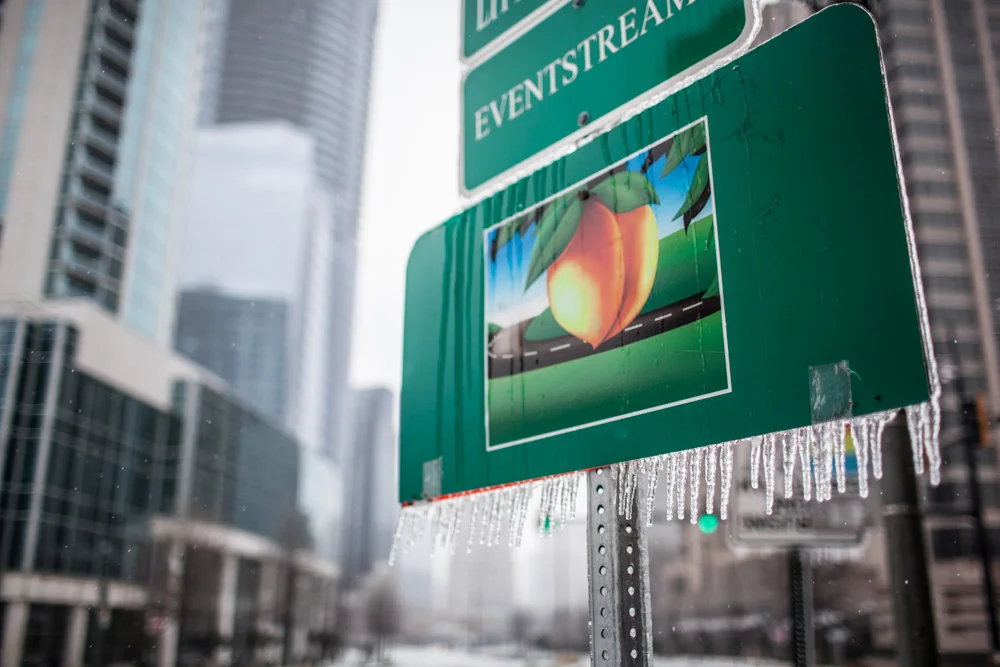 The bright peach state, covered by icicles, on February 12, 2014.