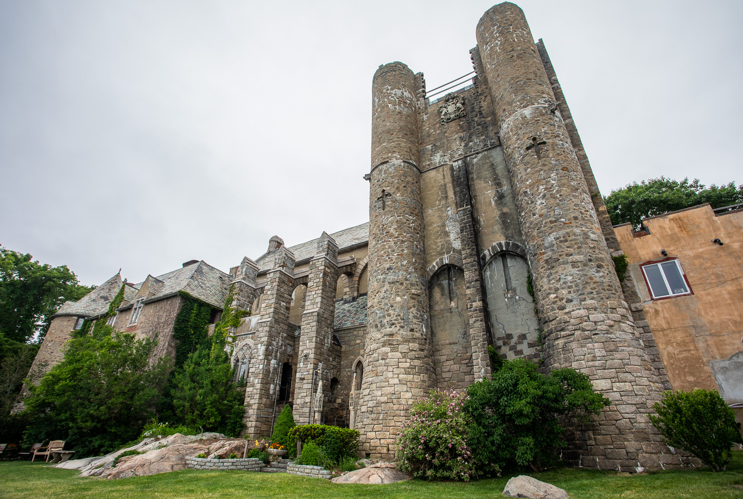 View of the Hammond Castle from the backyard of the residence. The backyard overlooks the Atlantic ocean.