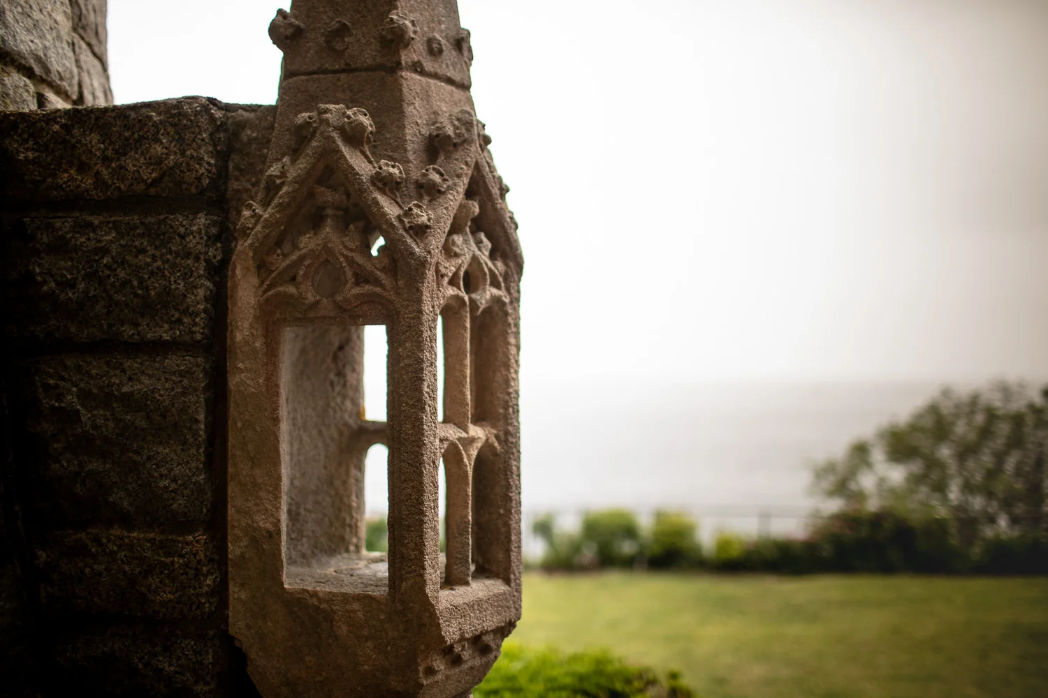 An architectural element on the exterior of the Hammond Castle.