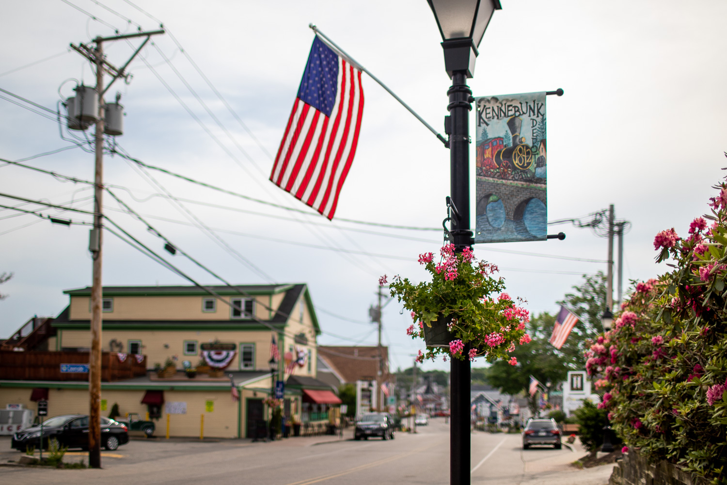 Colorful sign and American flag.