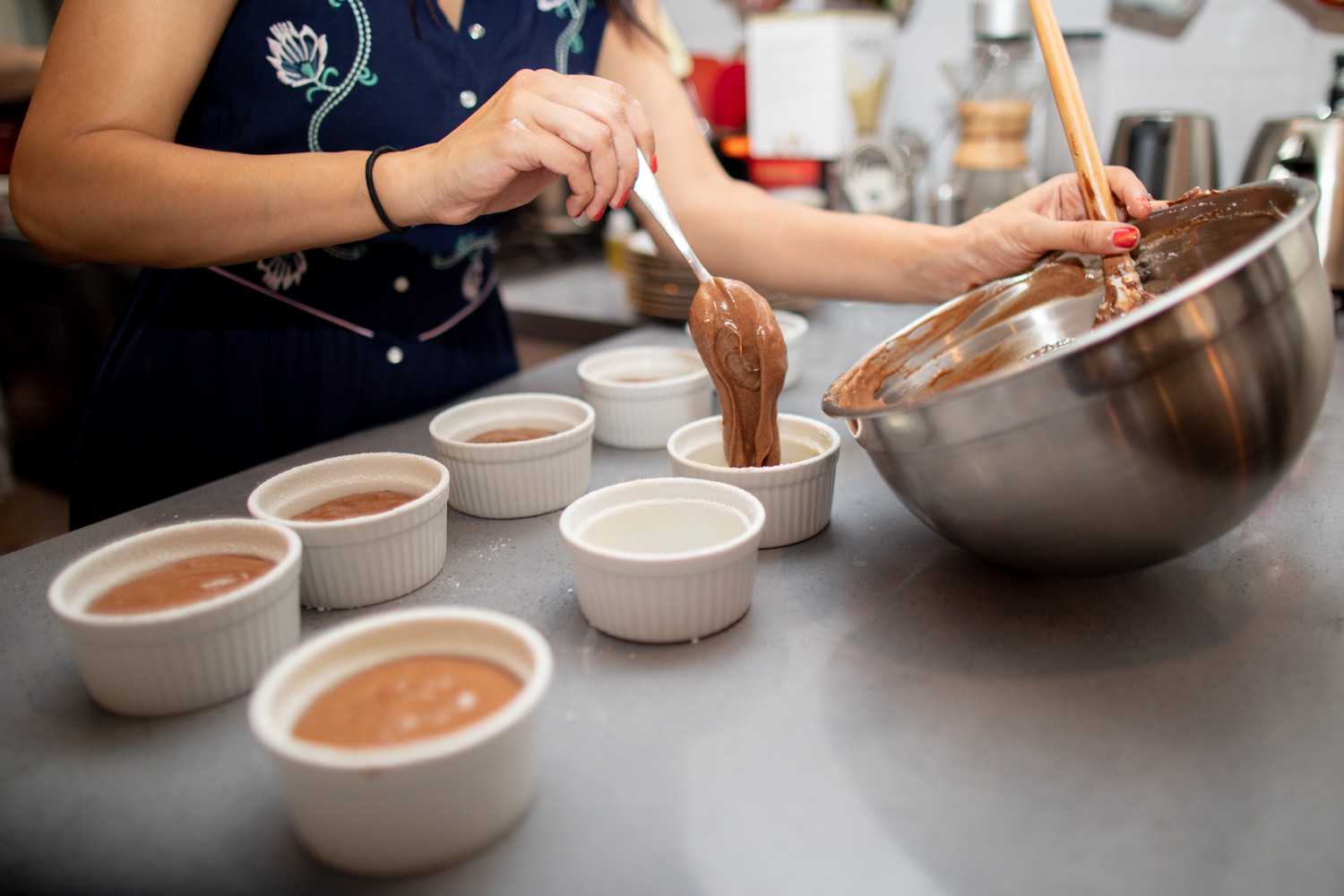 Getting ready to put the chocolate soufflé into the oven.