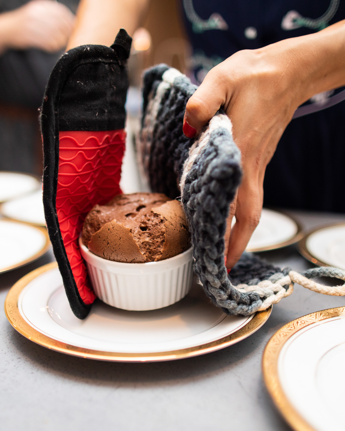 Chocolate soufflé out of the oven.
