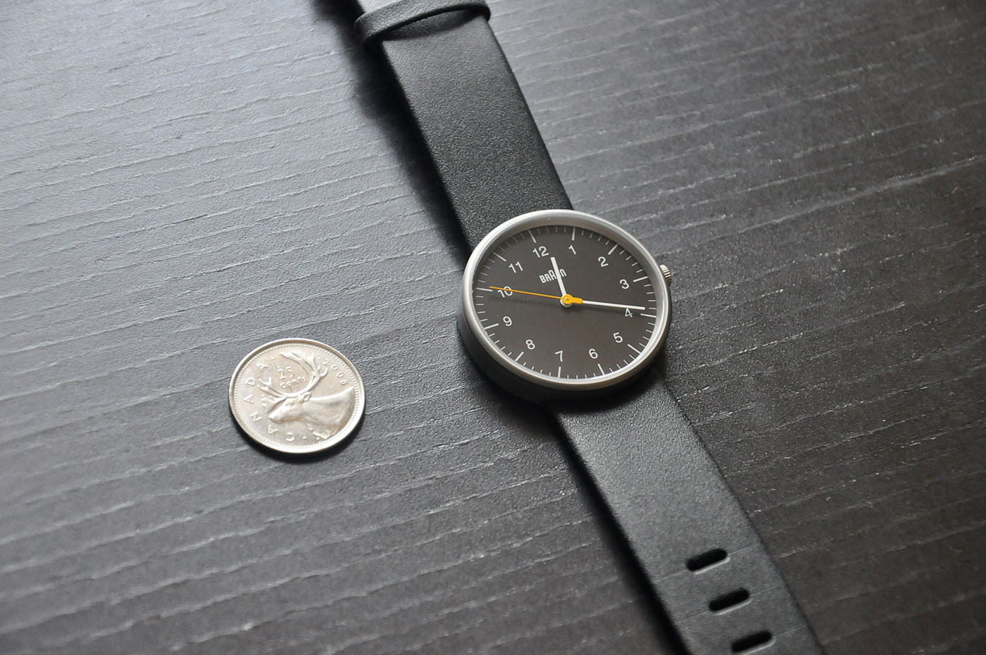 Size comparison with a Canadian quarter (25 cents). 