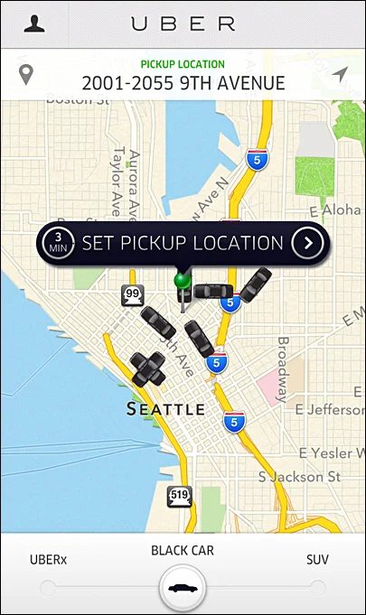 In the Uber app, the set pickup location button (the trigger) has a built-in timer (the data) to indicate how far the nearest car is from your location