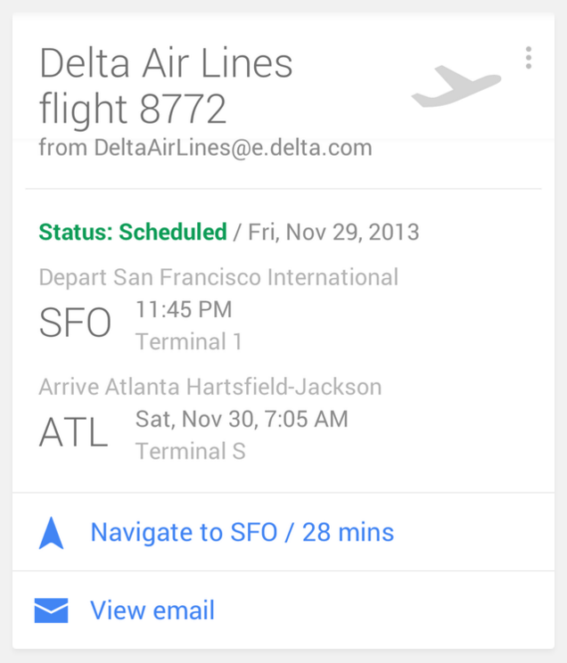 In the Google Now Flights card, the button to start navigation (the trigger) to your departure airport also contains the estimated time of your travel (the data).