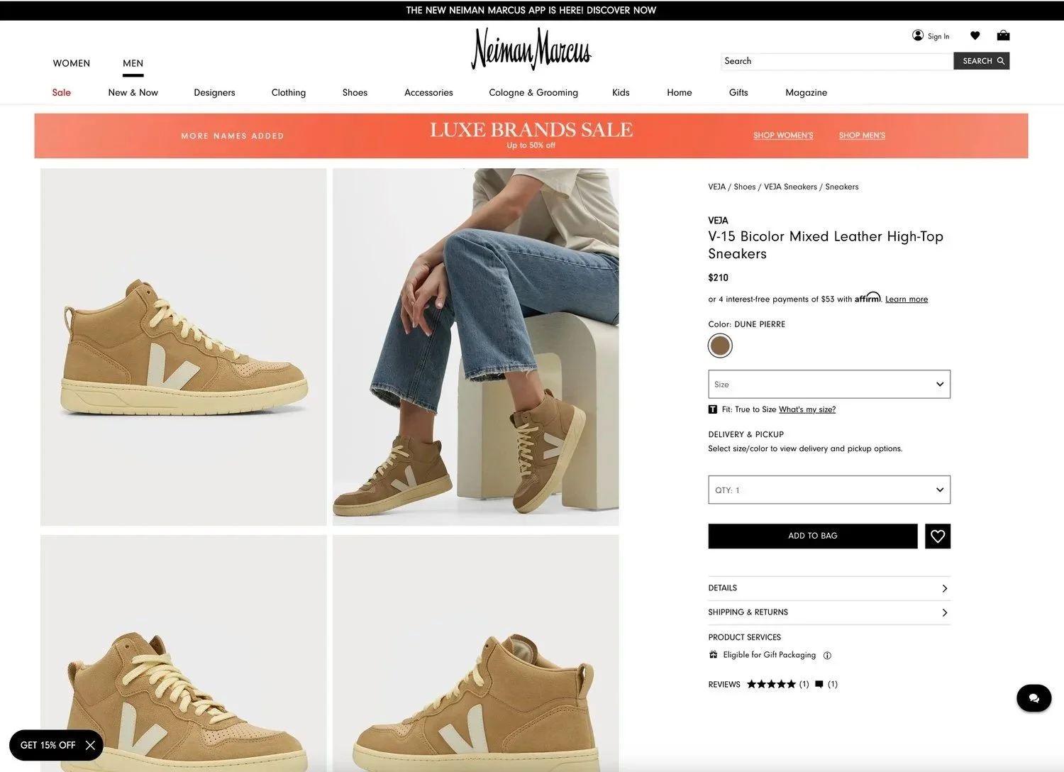 Product Photography of a High End sneaker brand found on the Neiman Marcus website.