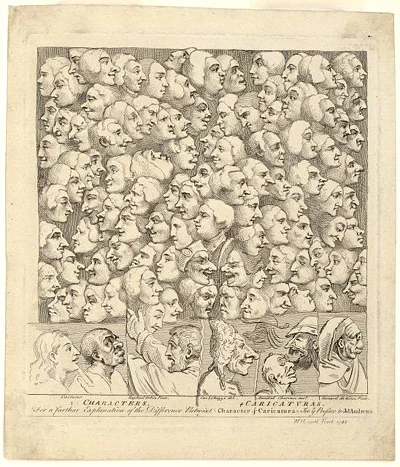 "Characters & caricaturas" by William Hogarth published in 1743. Available from the Library of Congress .