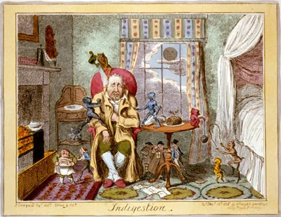 Cartoon titled "Indigestion"
by George Cruikshank published in 1825. Available via the Library of Congress .