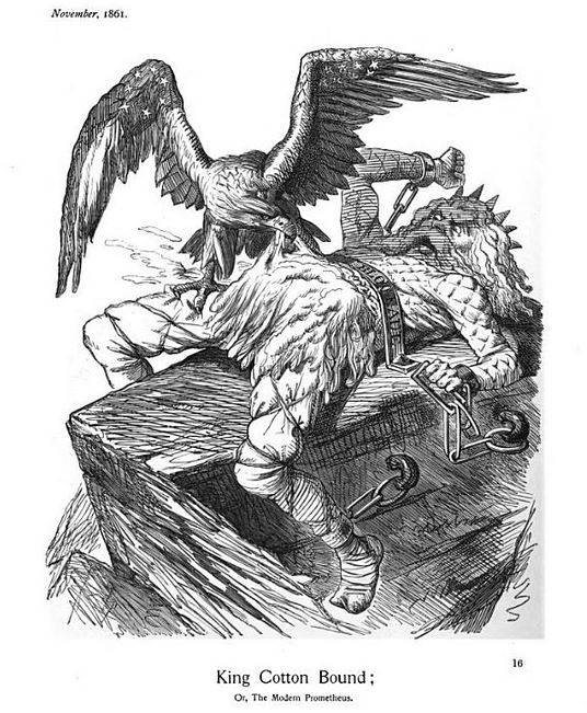 From Cartoons by Sir John Tenniel, Selected from the Pages of "Punch" . By Sir John Tenniel - "King Cotton Bound" Published in Punch in November of 1861 - Page 16