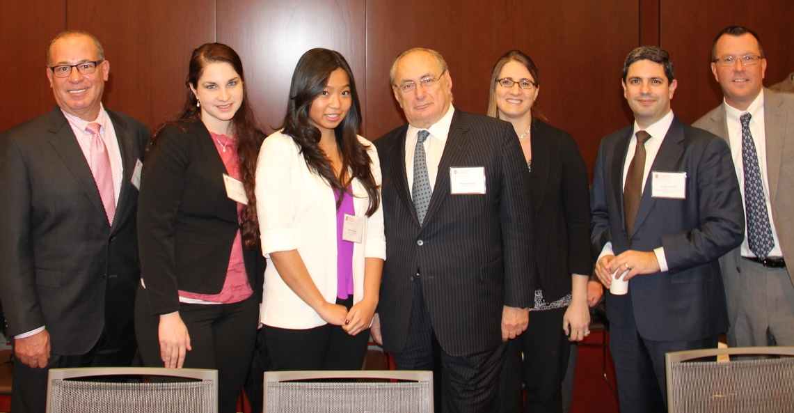 From Left: Founding IPLC donor Dan DeVito; IP Honors Scholar Amanda Hoffman '17; IP Honors Scholar Olivia Cheung '17, Founding IPLC donor Shephard Lane; Professor Eva Subotnik; IPLC Director Professor Jeremy Sheff; Executive Director of Alumni Development Brian Woods.