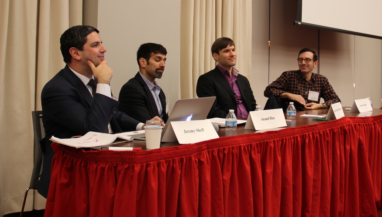 Panel 2. From Left: IPLC Director Professor Jeremy Sheff; Anand Rao; Professor Bryant Walker Smith; Professor Jason Schultz
