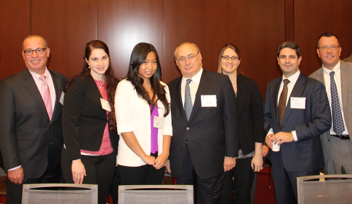 From Left: Daniel A. DeVito '87, IP Honors Scholar Amanda Hoffman '17, IP Honors Scholar Olivia Cheung '17, Shephard Lane '66, Professor Eva Subotnik, IPLC Director Professor Jeremy Sheff, Executive Director of Alumni Development Brian Woods .