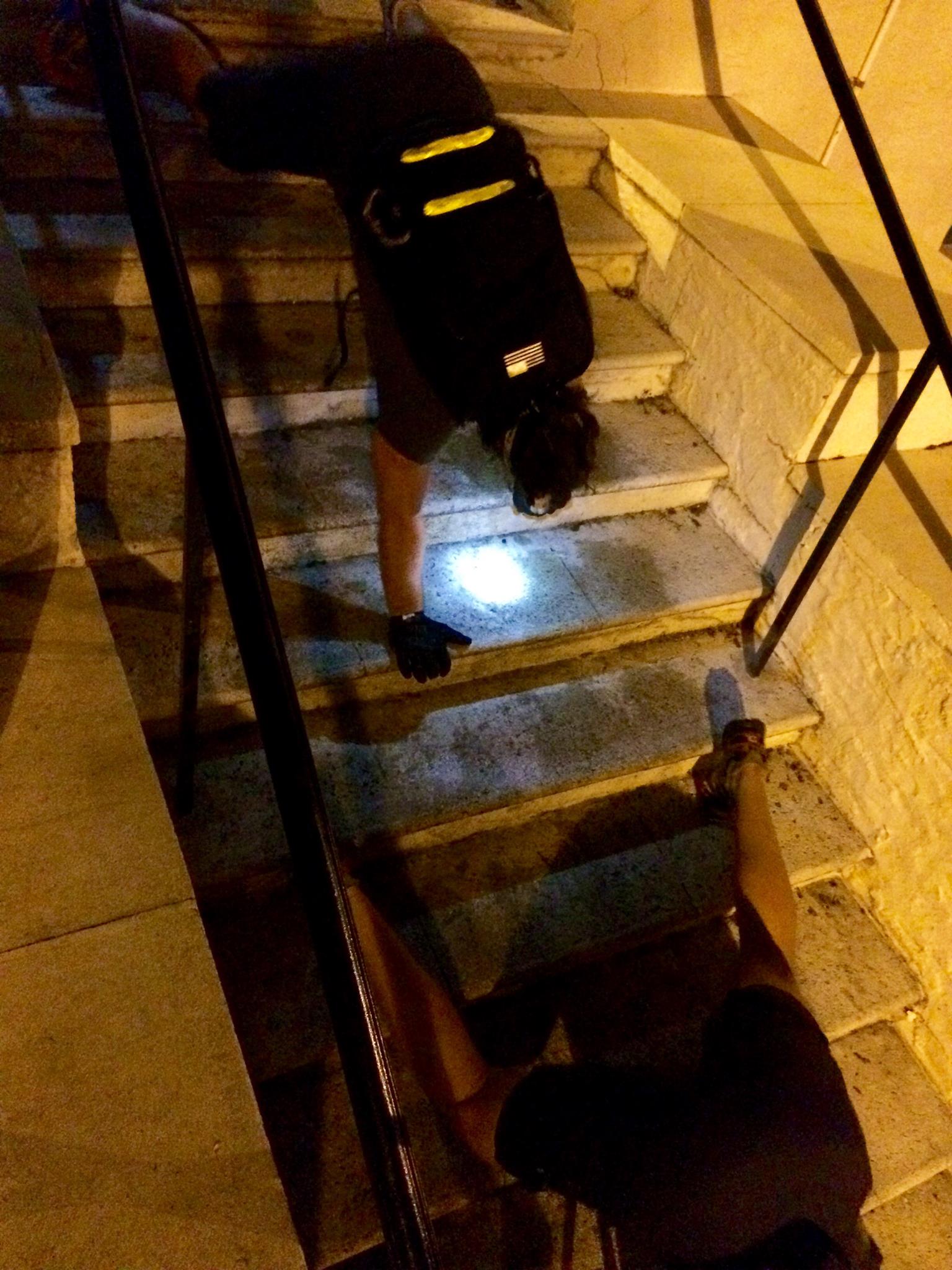Bear crawls! In reverse. Up stairs.