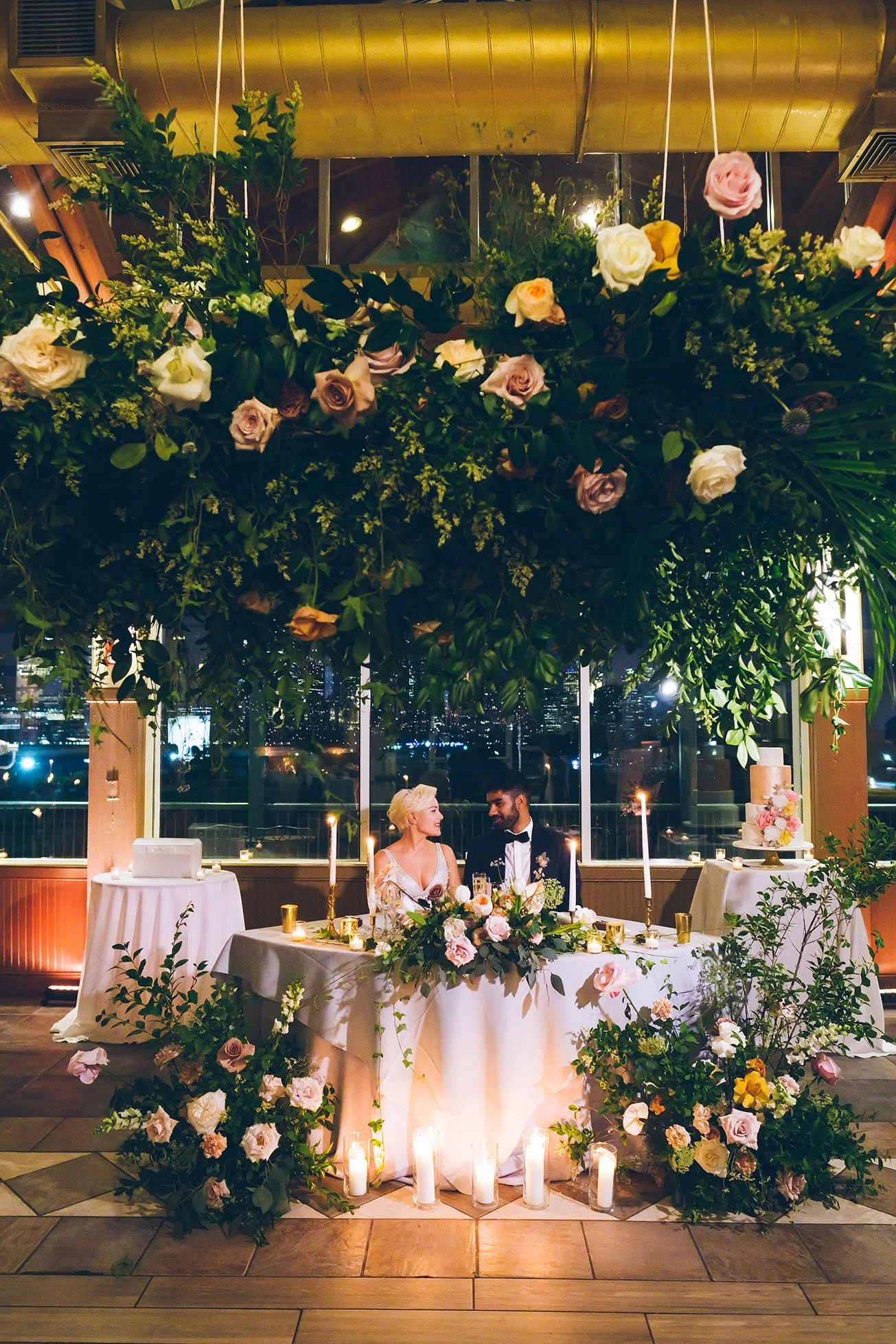 Romantic Liberty House Restaurant Wedding Filled with Lush Greens and Classic Details and a Beautiful View of New York City