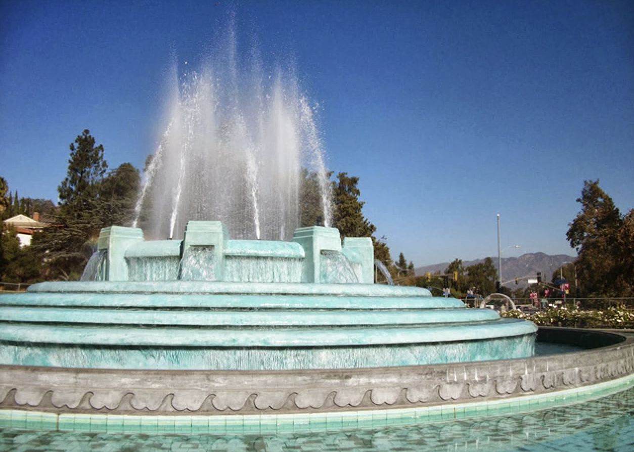 The William Mulholland Memorial Fountain at Riverside Drive and Los Feliz Boulevard, at the entrance to Griffith Park in Los Feliz.