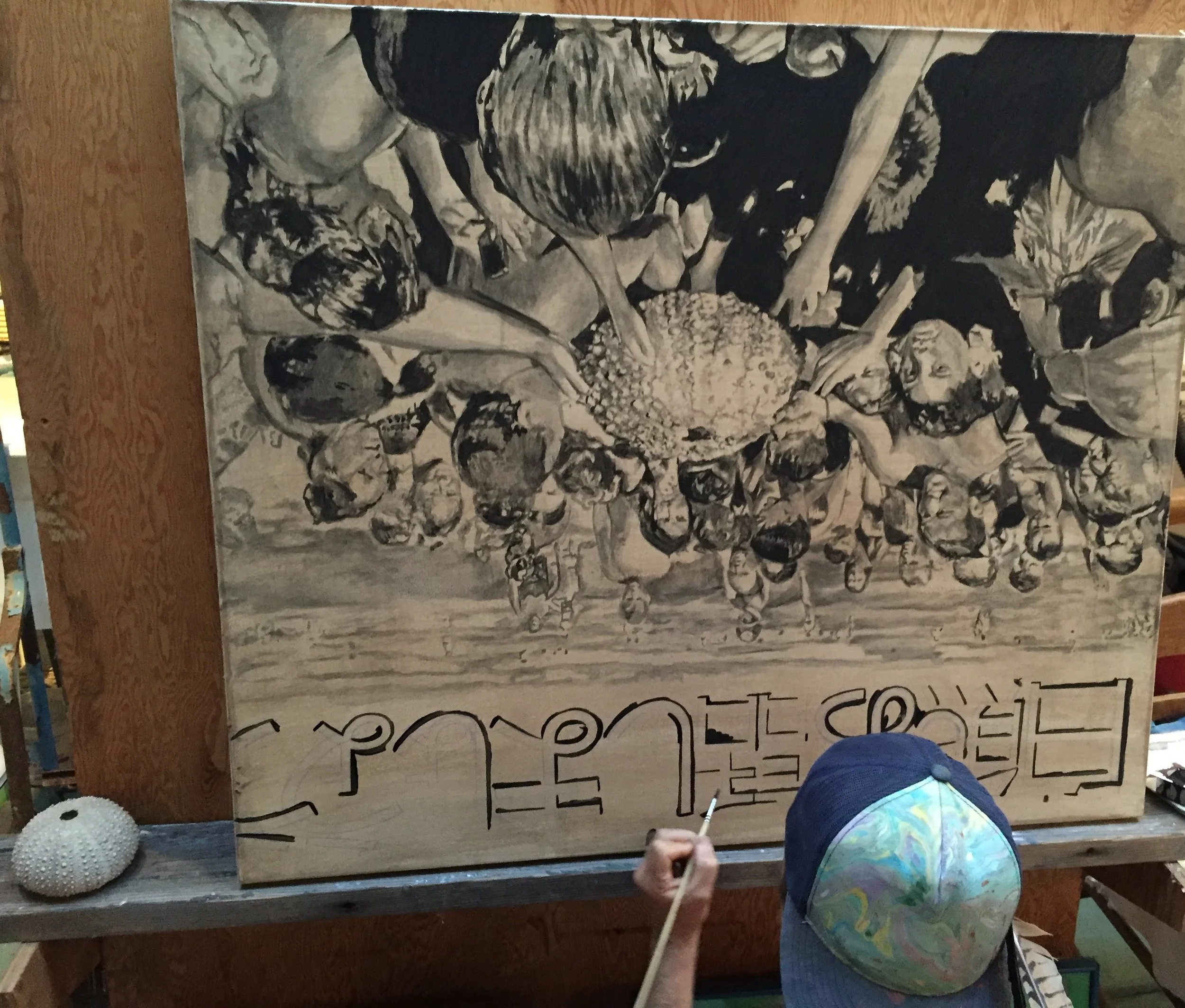 Painting on canvas, Acrylic and oil from beach, "Shiro Kuma Hanashimashou = Lets Talk Polar Bear, Japanese Characters"