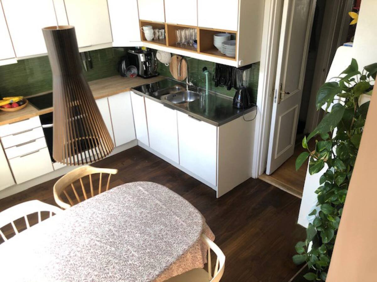 Funktionellt kök med inbyggd diskmaskin, induktionshäll samt mikro i överskåp.