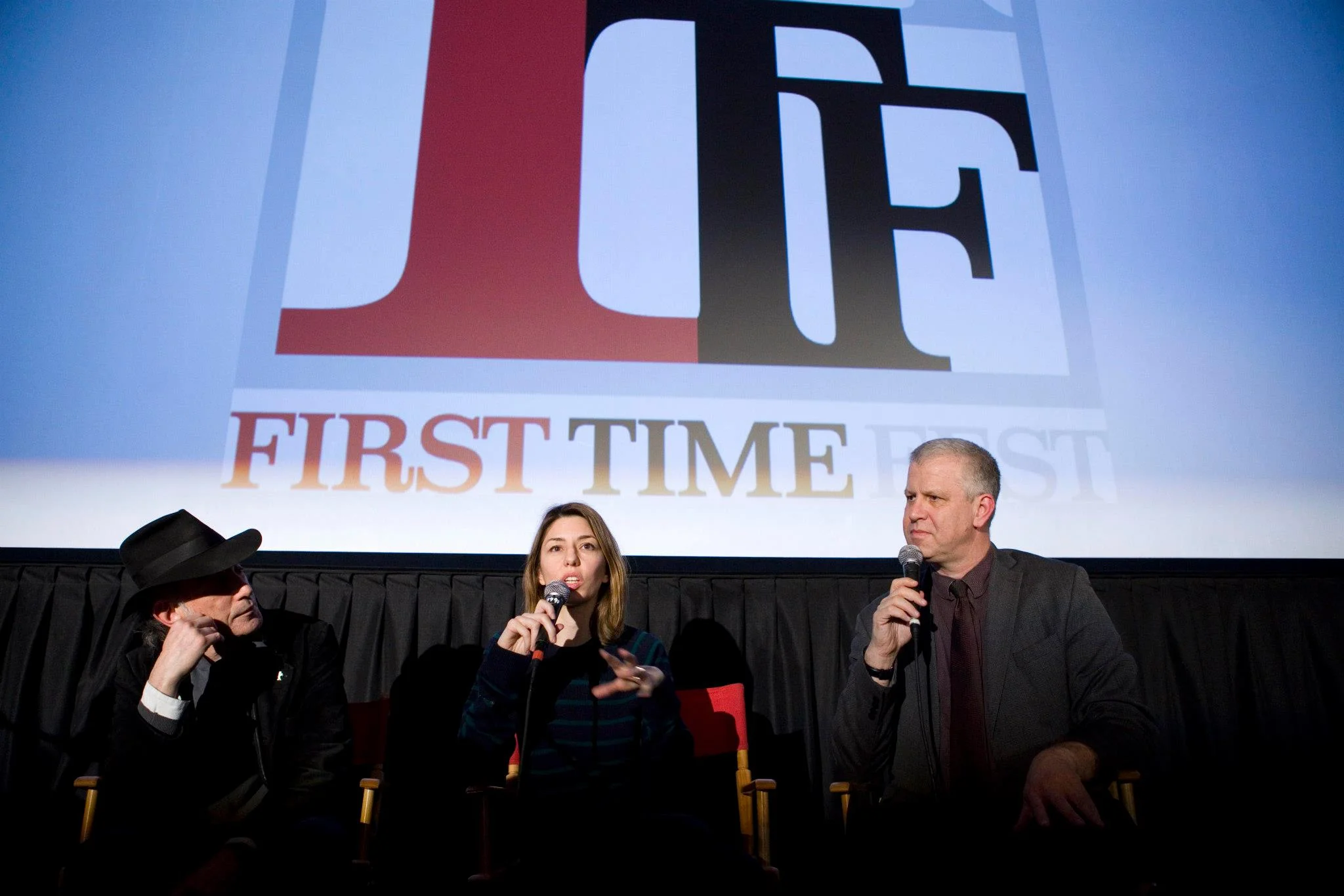 Director Sofia Coppola (center) and cinematographer Ed Lachman (left) discuss their filmmaking choices after a First Exposure screening of Sofia's "The Virgin Suicides". The event was moderated by FTF Director of Programming, David Schwartz (right).