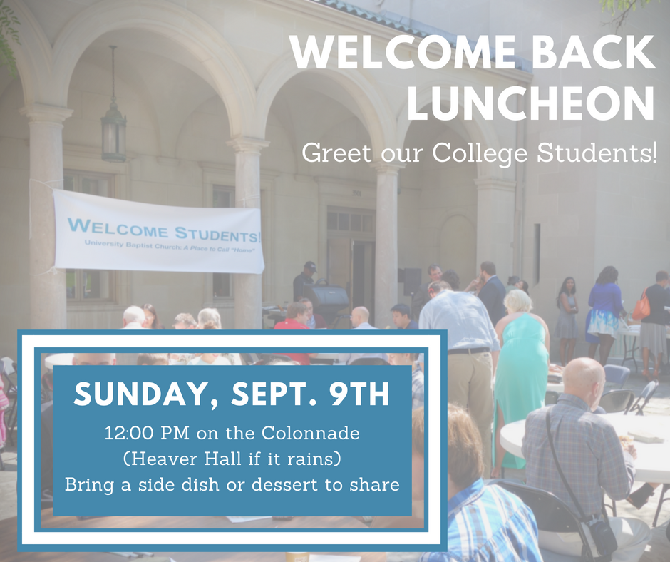 UBC is excited to welcome our returning students and greet some newcomers this fall! Please join us for a luncheon on the Colonnade (weather permitting), where we will enjoy hamburgers, hotdogs, and vegetarian dishes. Please bring a side dish or dessert to share, and contact Isaac Mwase if you have any questions.