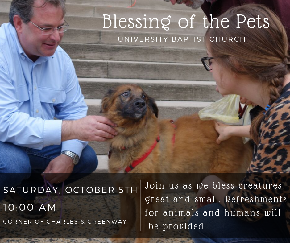 At UBC we love our animals, and we know that you love yours too! Please join us on Saturday, October 5th as we celebrate all of God's creatures! Be sure to bring your pet on a leash or in a carrier to receive their blessing after a short service. As this event is held outdoors, we will cancel in the event of bad weather. We hope to see you there!