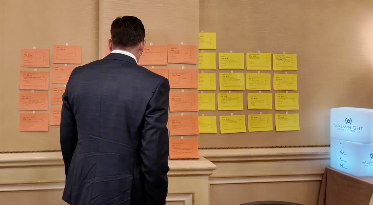 Executive reading the TWEN Asks and Gives wall of orange My Give cards and yellow My Ask cards.