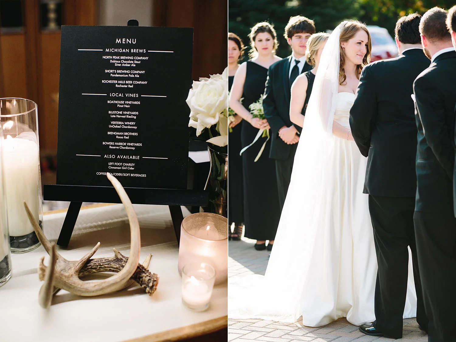 elegant black and white wedding with rustic details