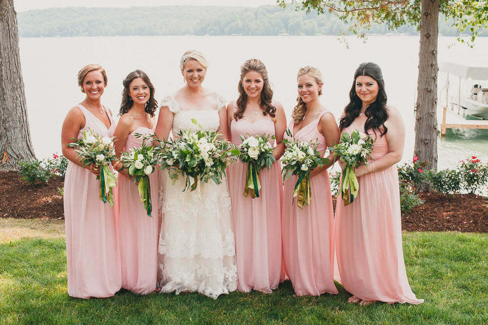 blush pink bridal part at lakeside wedding