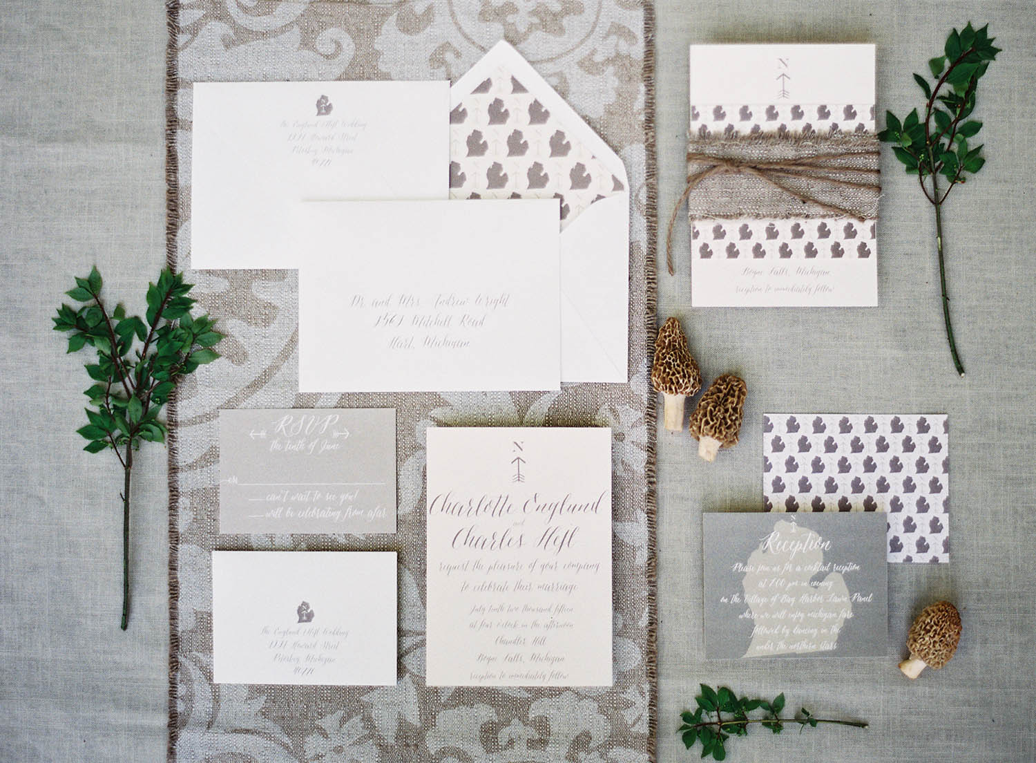 modern calligraphy grey invitation suite