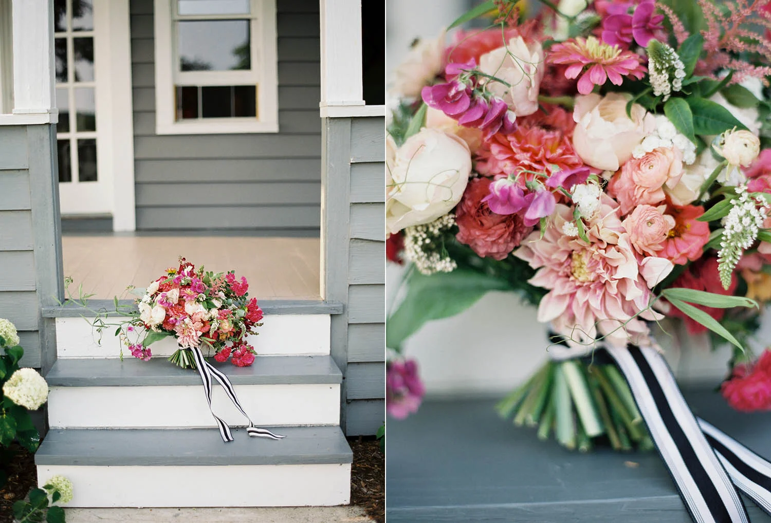 big pink and fuscia boquet with black striped ribbon