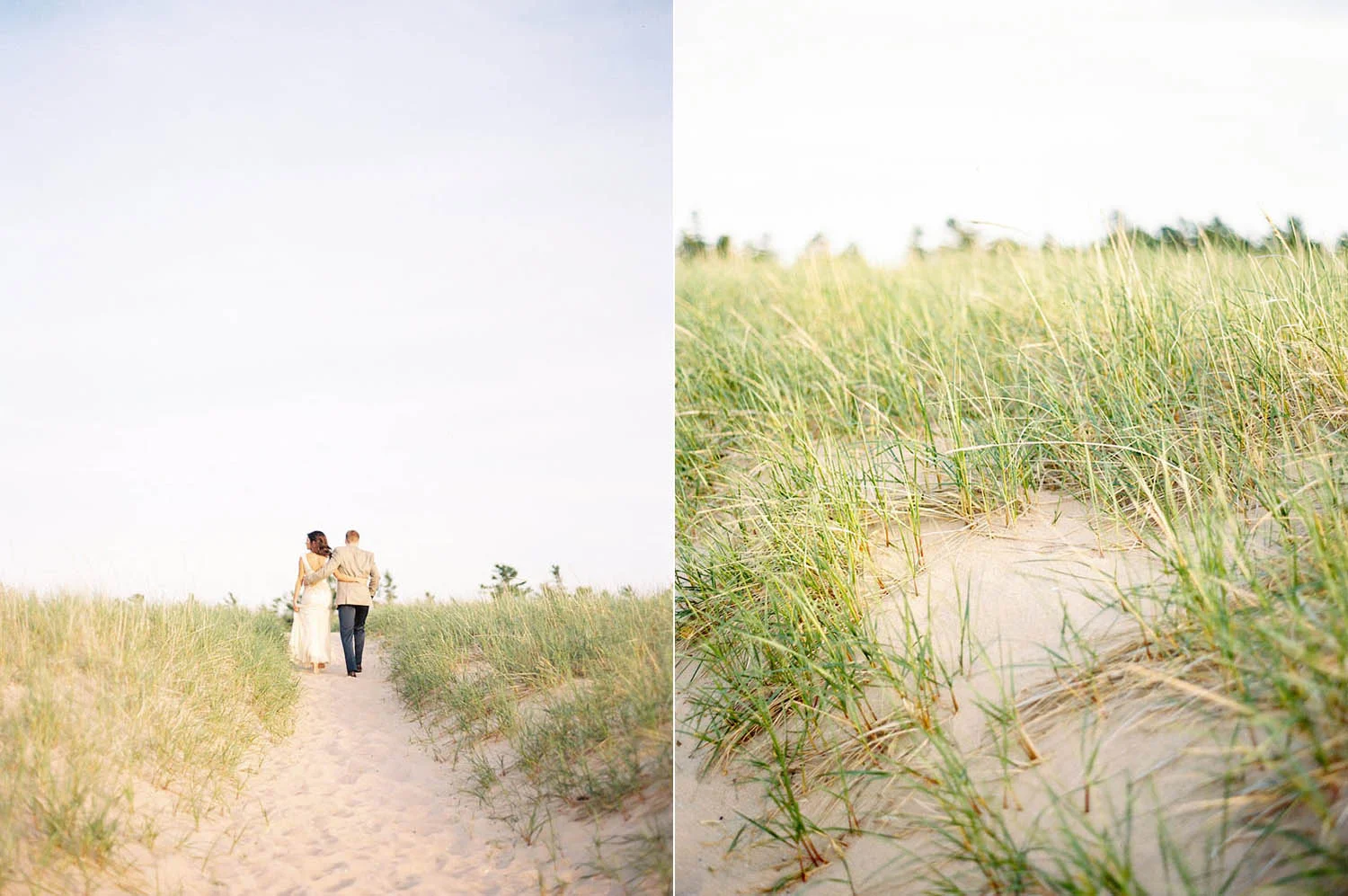 bride and groom on grassy lake michigan pathway