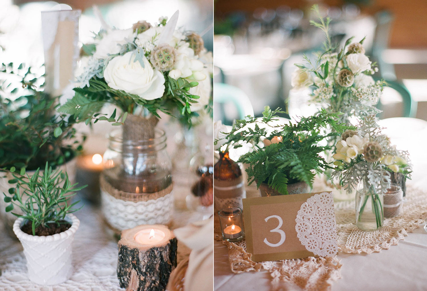white centerpieces with ferns and greenery