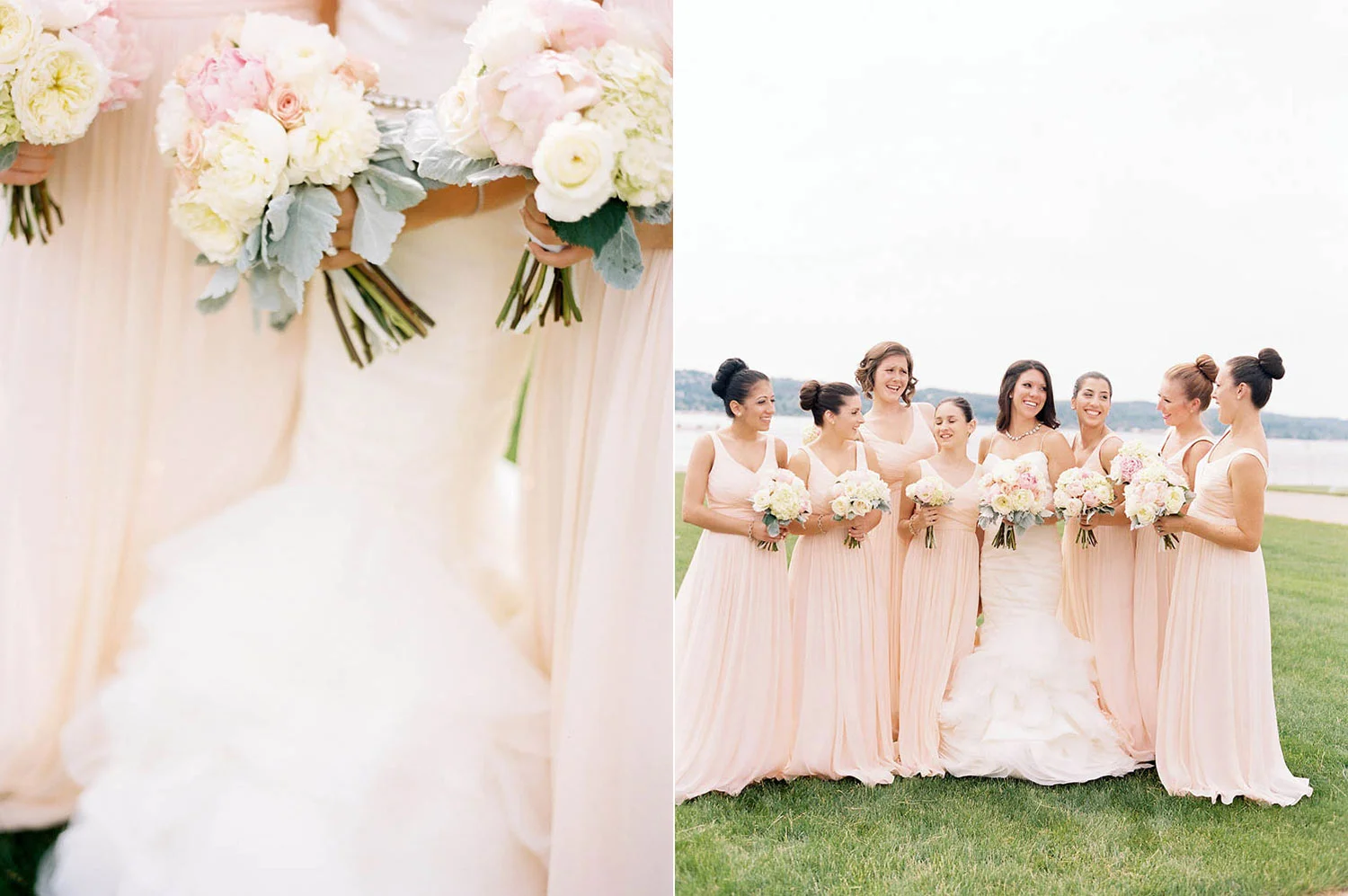 blush dresses with lambsear bouquets