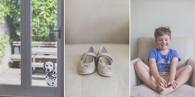 The excited little boy, flower girl shoe detail, and the apprehensive dalmatian named Doris at the preparations for a big wedding celebration. By Jenny Siaosi.
