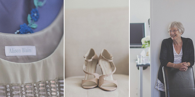Details of Wedding shoes and couture bridal gown by Alison Blain. Mother of the bride smiling at her daughter.