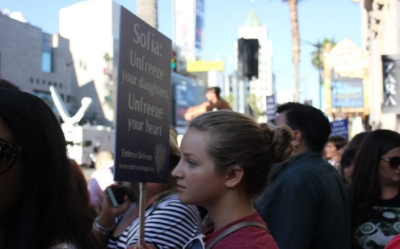  Camper Hannah Gomez demonstrating at the "Magic Mike XXL" premiere. Timothy Bella/America Tonight