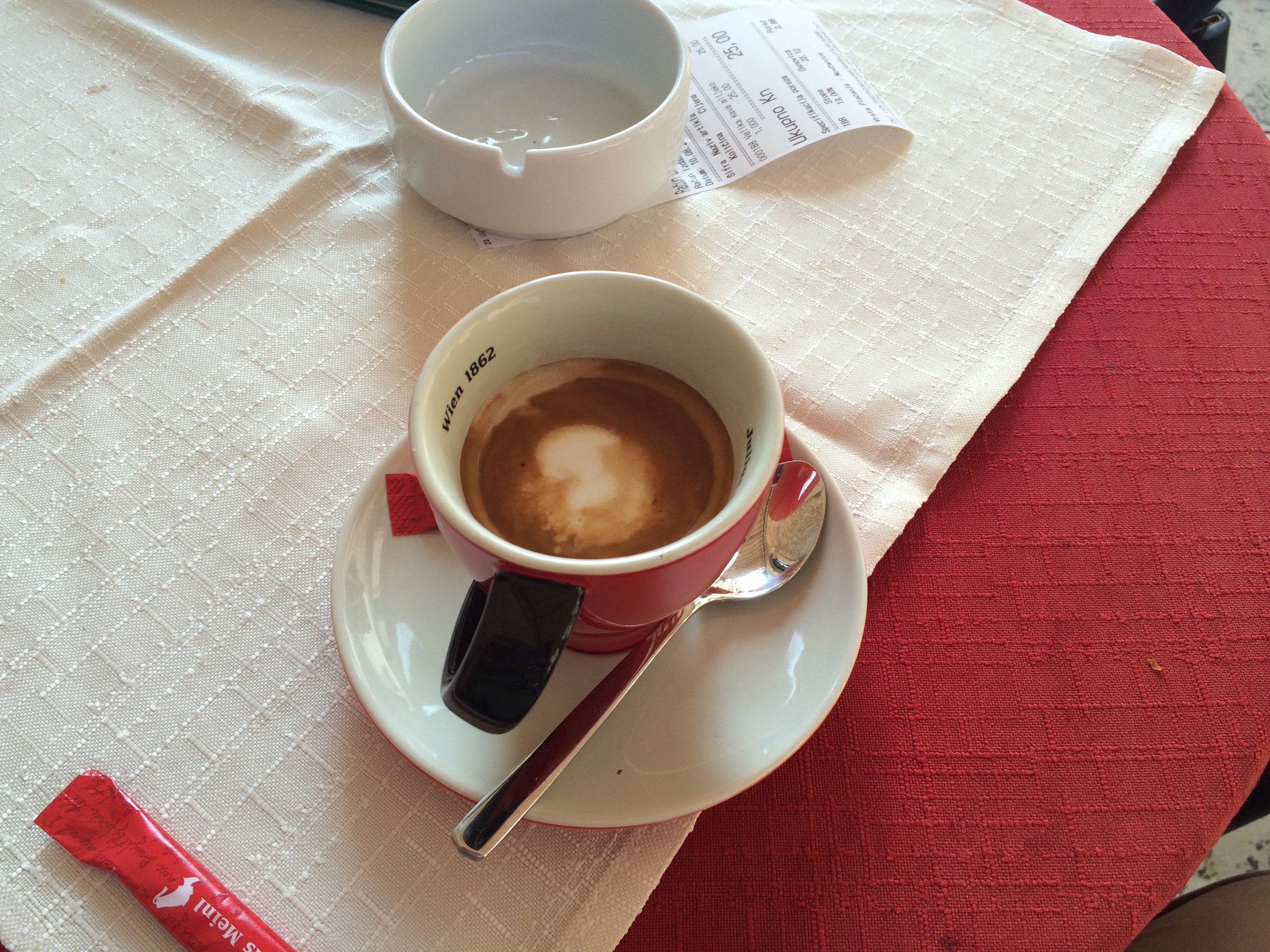 Cafe macchiato from Cafe Festival, Dubrovnik Croatia, 10 August 2016, 8:34 AM. All is good in the world. 