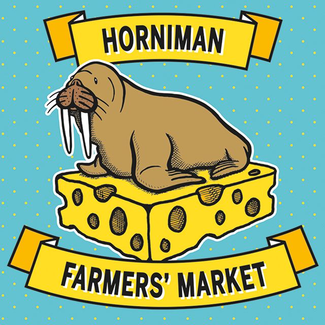 Our identity for Horniman Farmers&rsquo; Market. The museum&rsquo;s over-stuffed walrus is its most popular exhibit - we swapped its iceberg for a cheese-berg and the rest is history. #hornimanmuseumandgardens #hornimanfarmersmarket #brandidentity #w