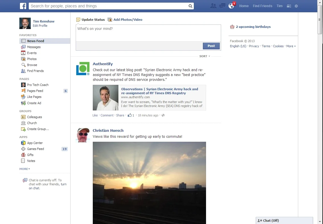 Facebook: cluttered, tiny print, wasted space.