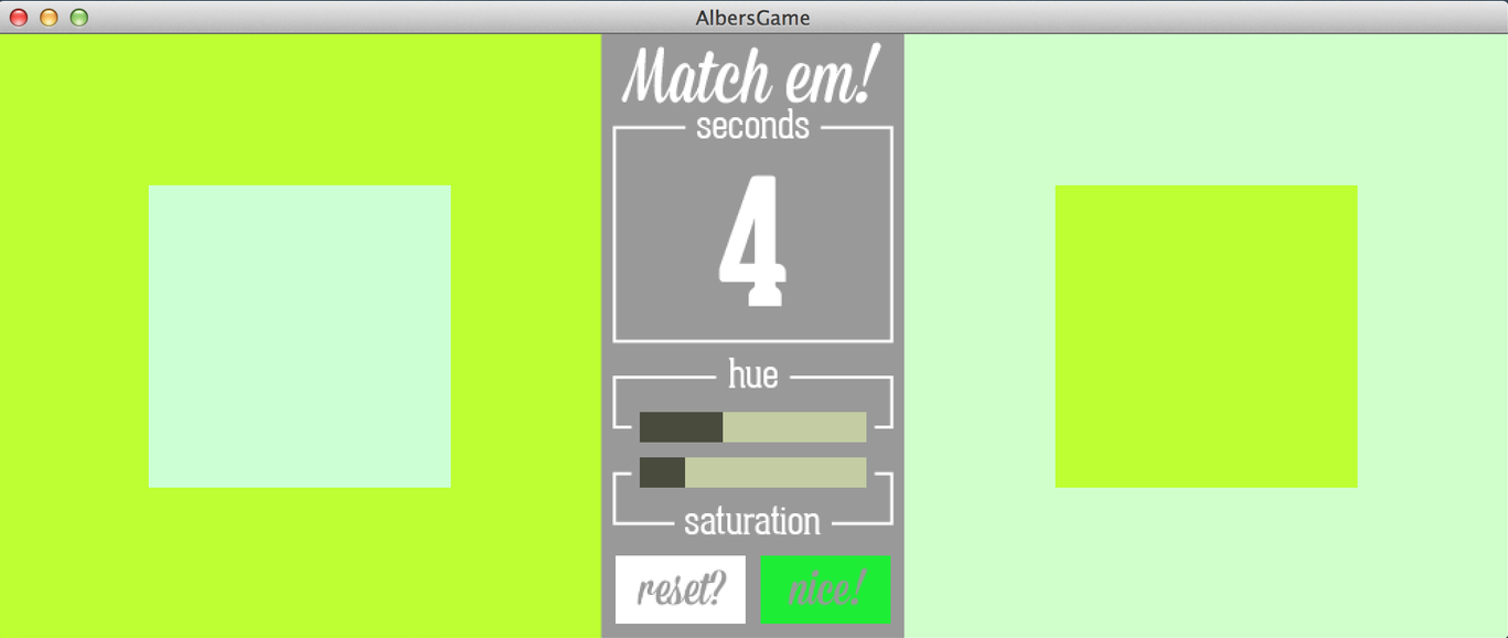 The play screen, featuring a ticket timer, sliders you can drag around to control hue and saturation, and buttons for resetting/checking.