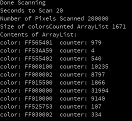 A screenshot from one of my early Processing sketches, where I was trying to count the frequency of colors in an image. 1,671 different colors in this image.