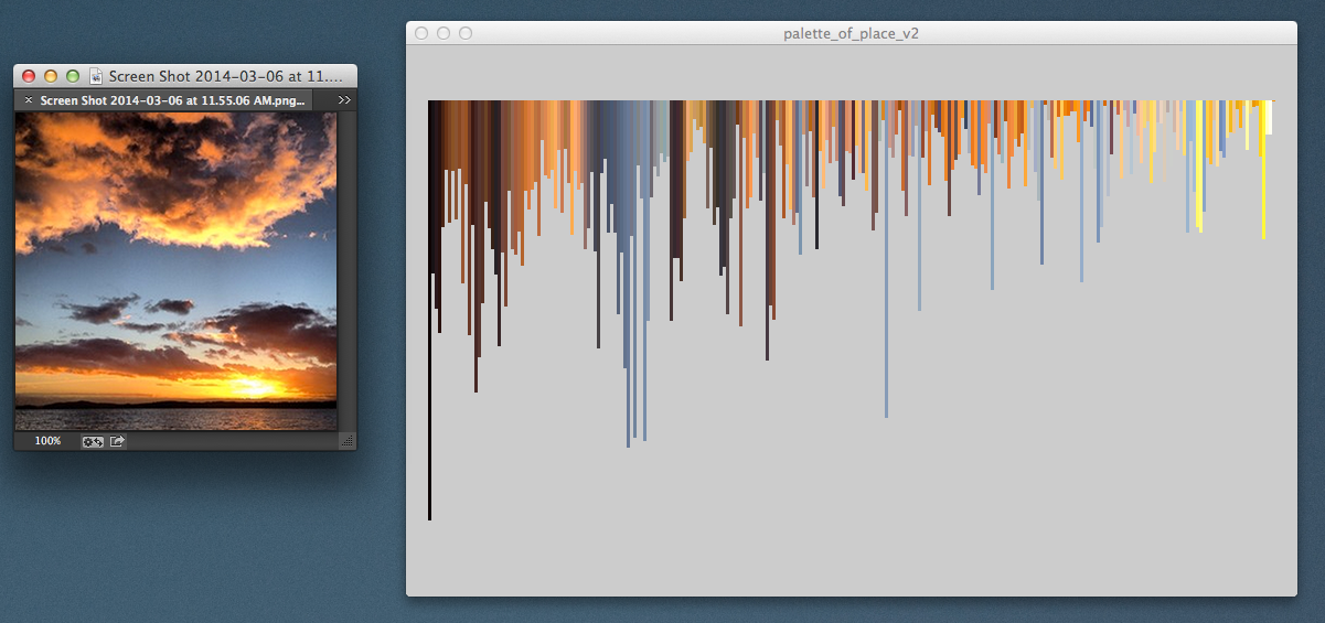 An early attempt at scanning the frequency of colors in an image and presenting it in a meaningful way. At best a confusing histogram. BUT I was learning a lot about code and working with images.
