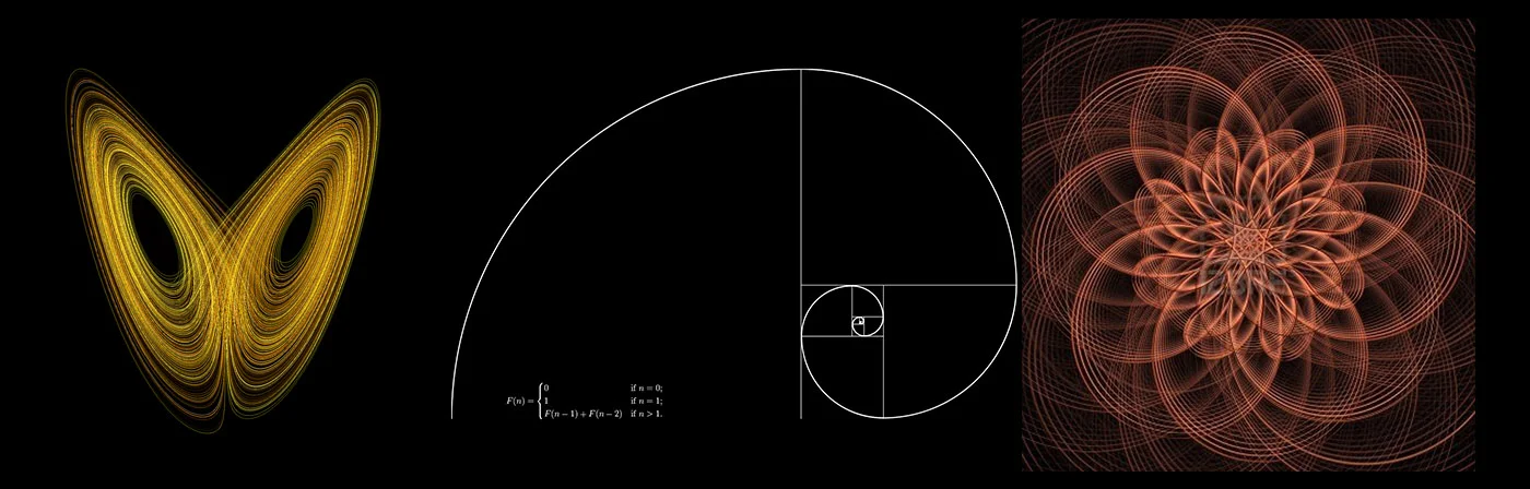 From left to right, a lorenz attractor, an image representing the fibonacci sequence and computer generated art similar to spirograph patterns