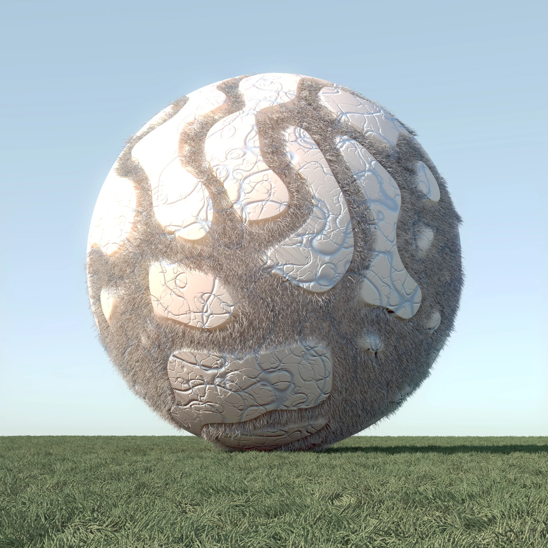 Egg - Here is a sphere with 2 levels of the vein shader. The large vein shader creates a mask for a hair material. Also hair used for the grass.