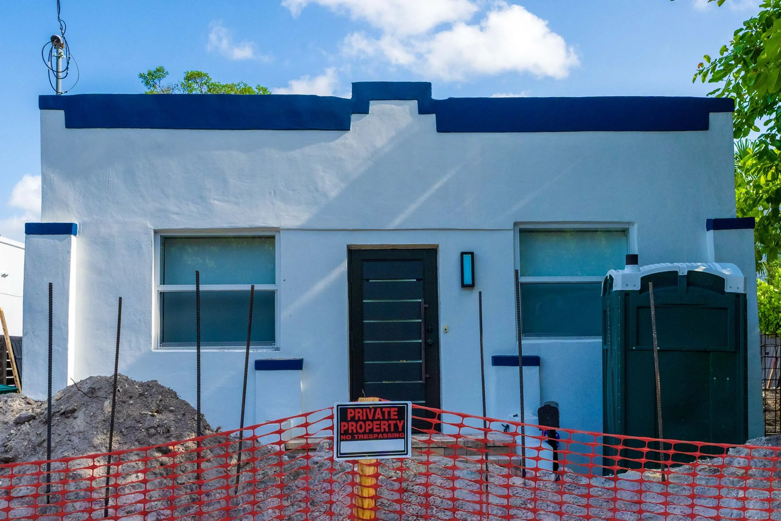 Renovated Art Deco home with rebar and private property sign, Buena Vista Miami