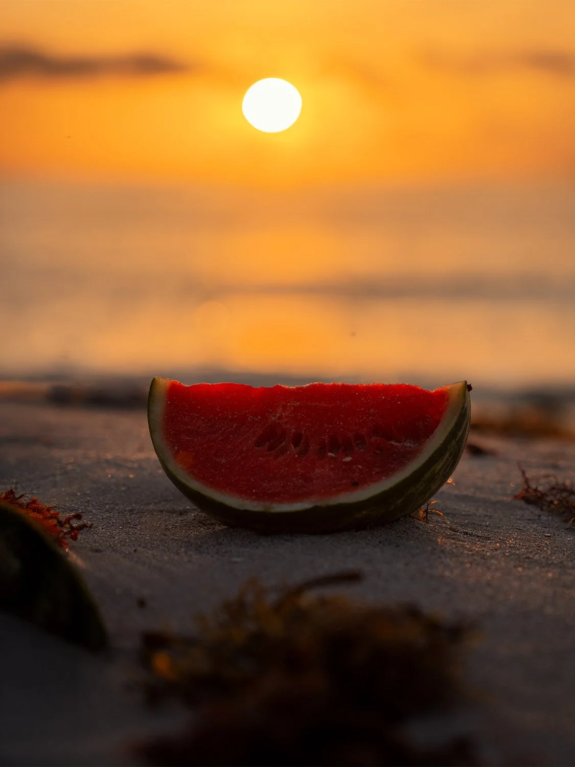 South Beach sunrise watermelon slice on beach sand golden hour ocean backdrop summer fruit photography