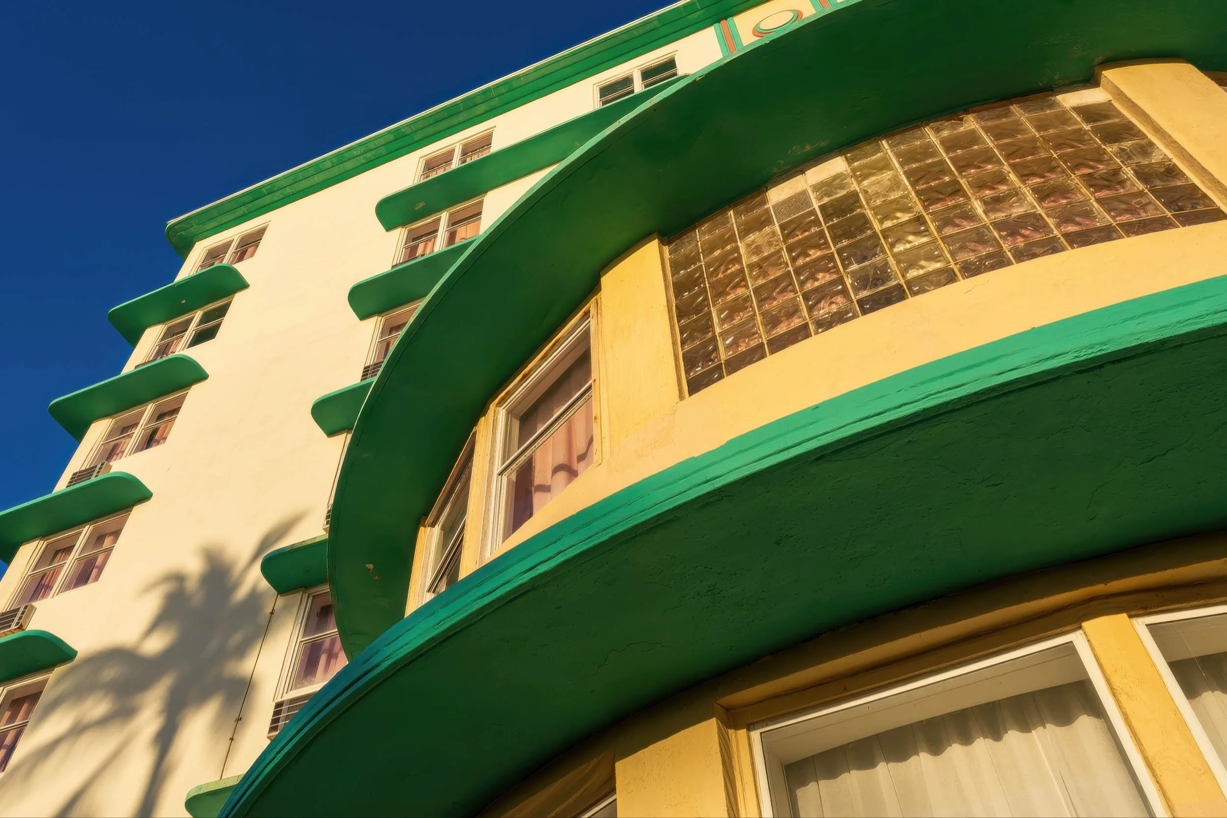 Art Deco eyebrow detail and glass block window at the Broadmoor Hotel, Miami Beach