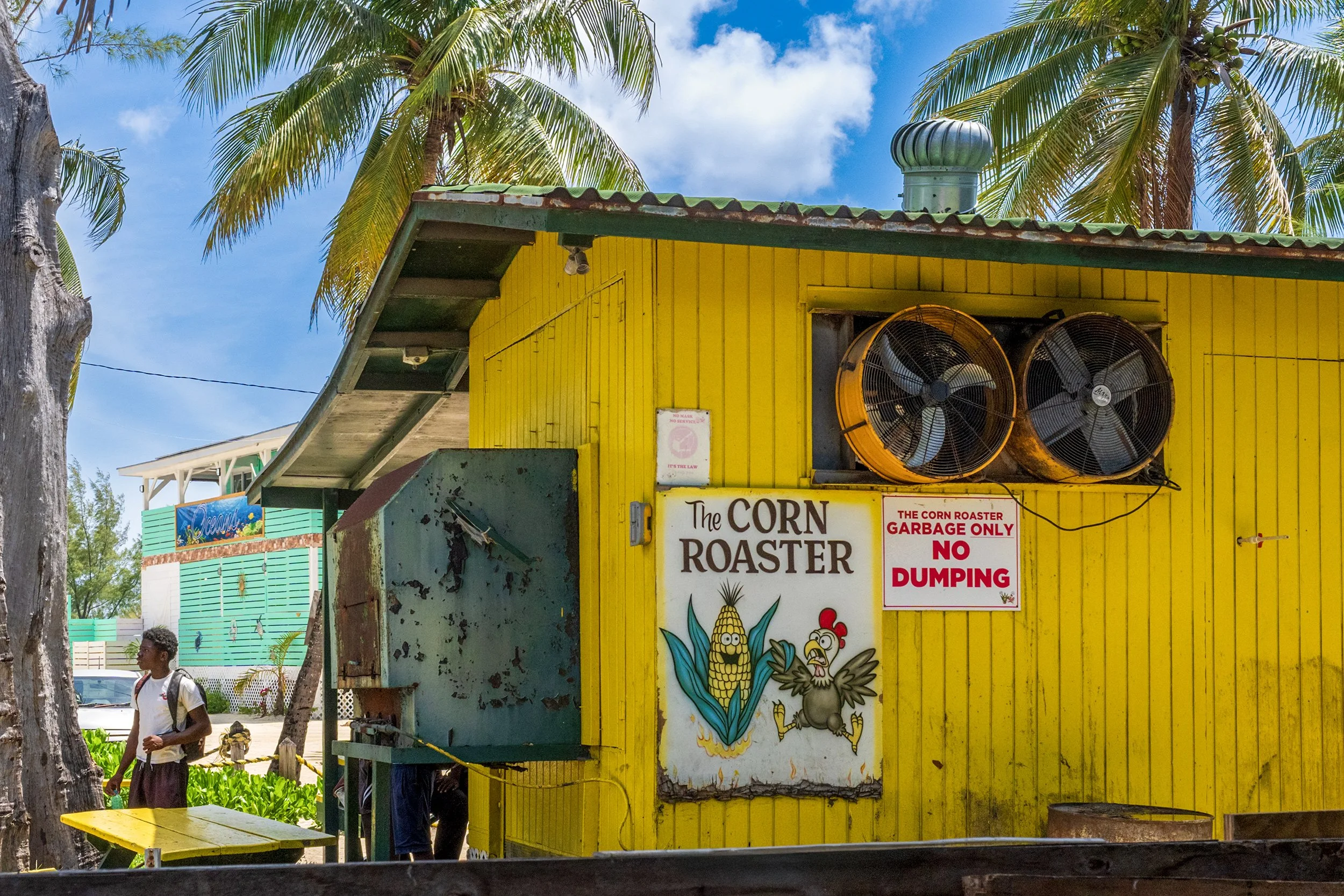 The Corn Roaster restaurant Arawak Cay Nassau Bahamas local street food shack with roasted corn and chicken.
