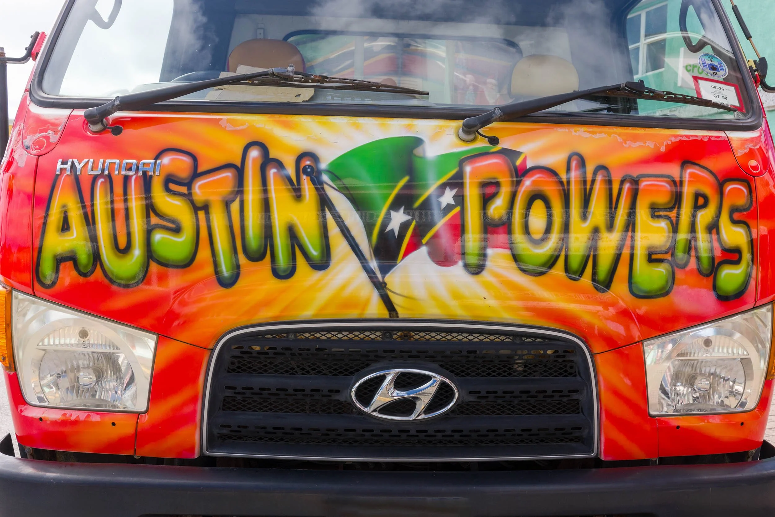 One of the colorful buses in Basseterre, St Kitts