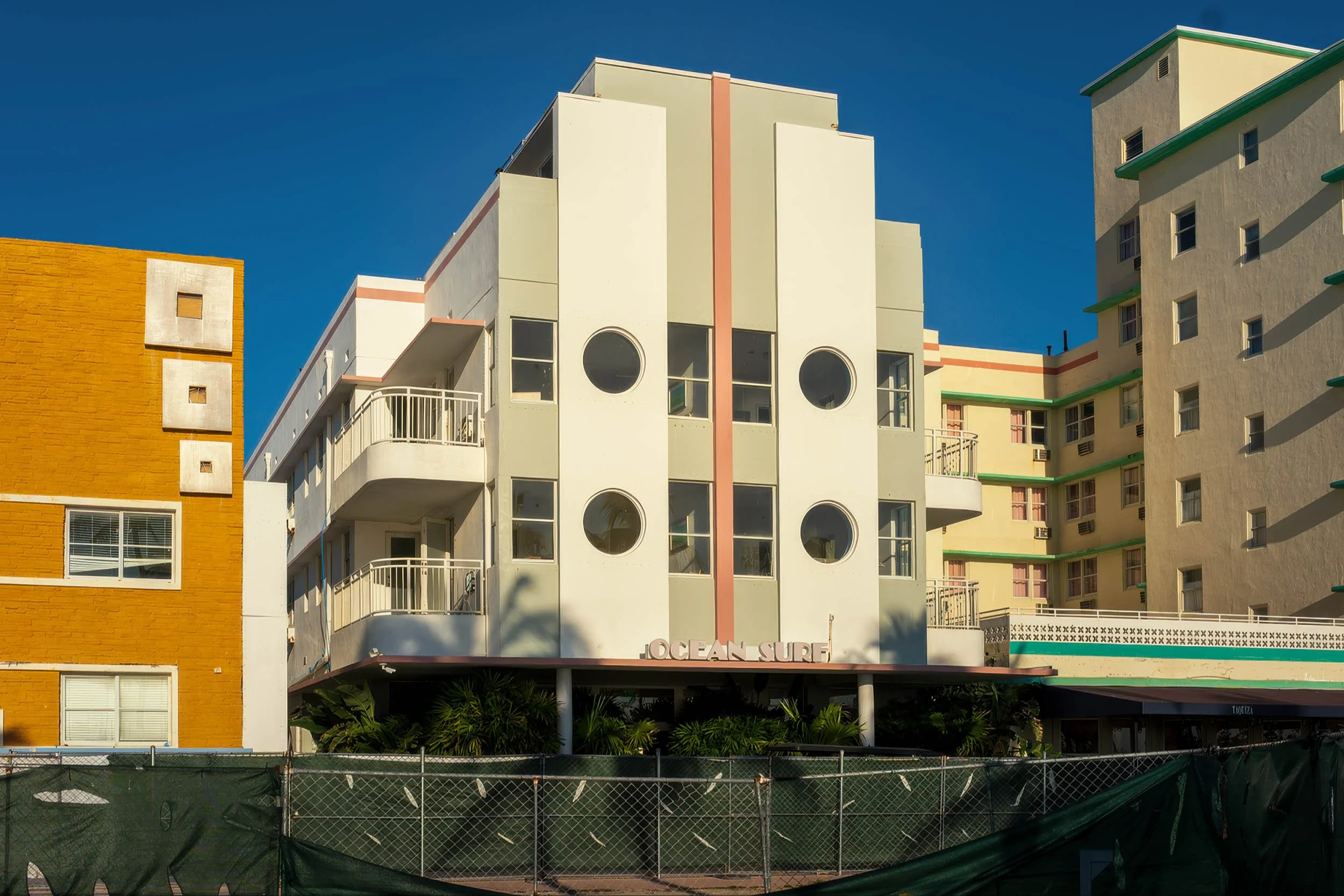 Ocean Surf Hotel Art Deco facade with porthole windows, 7436 Ocean Terrace, North Beach Miami