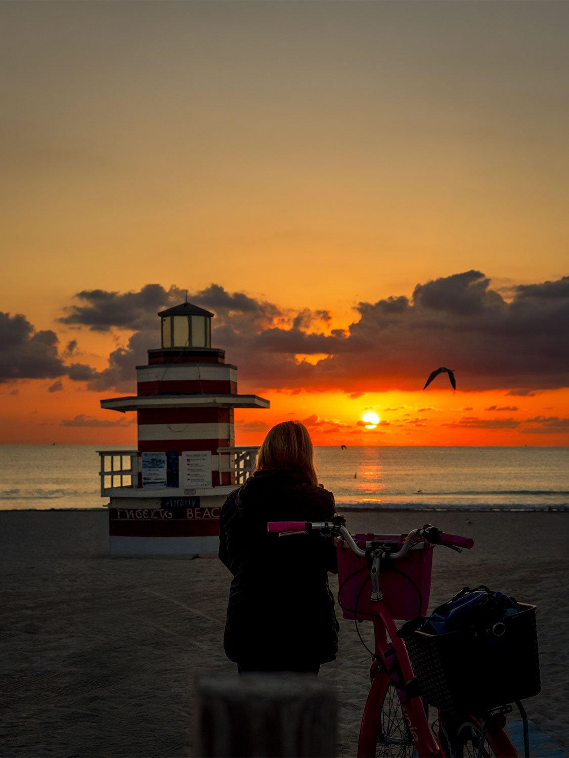 Sunrise South Beach Miami lifeguard tower ocean view bicycle travel photography golden hour Florida